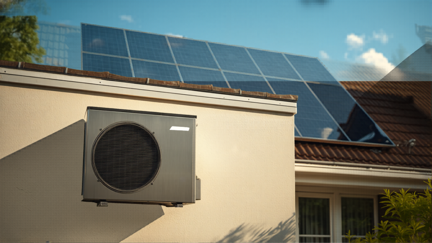 Warmtepomp tegen de gevel van een woning met zonnepanelen op het dak